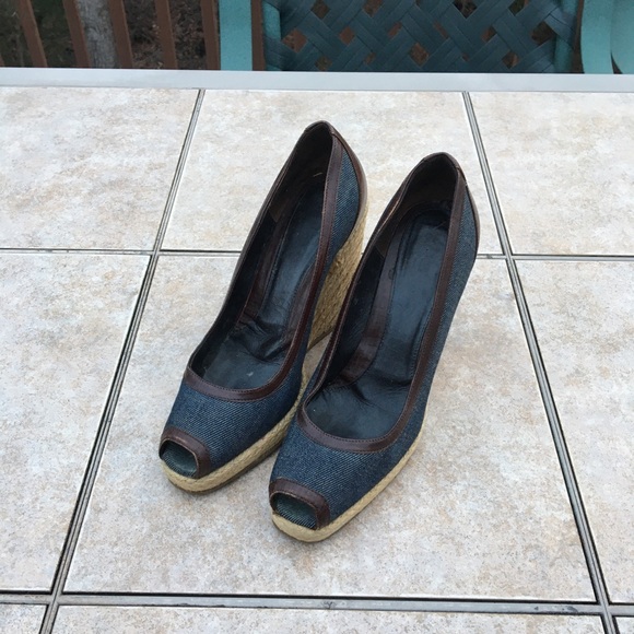 Fendi peep toe denim trim wedge espadrilles 37.5 - Picture 2 of 15